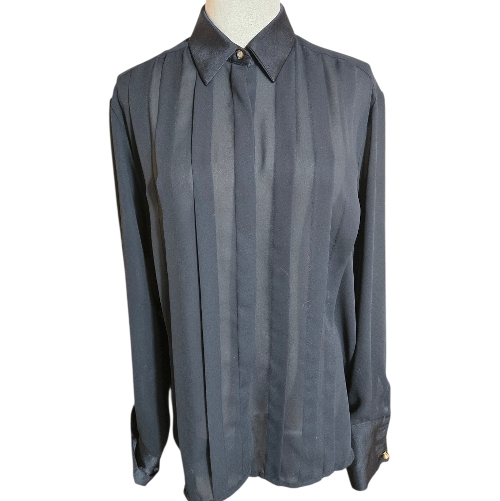 Christian Dior Fairy Black Sheer Pleated Shirt With Rhinestone Buttons Blouse